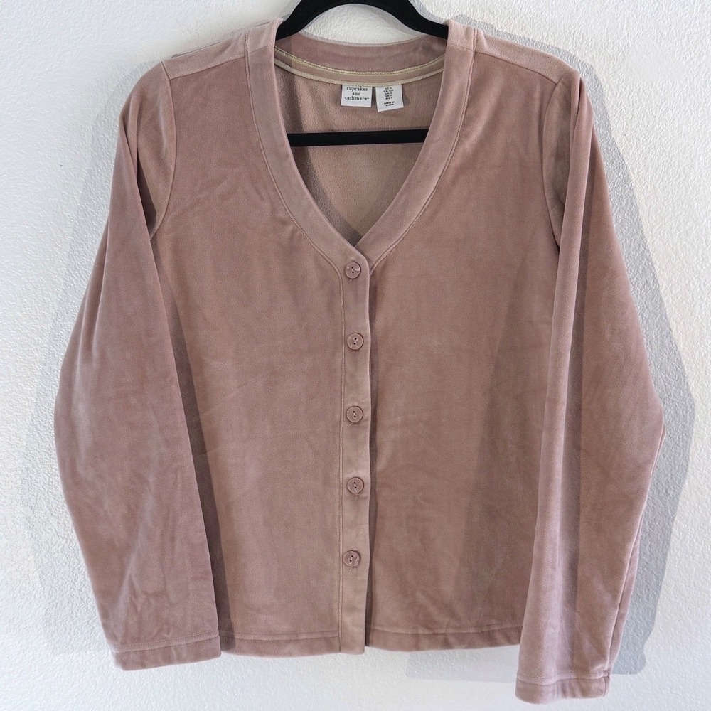 Cupcakes and Cashmere Velour Cardigan Dusty Pink V-Neck Button Front Small
